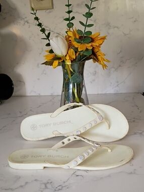Tory Burch Cream Jeweled Flip Flops